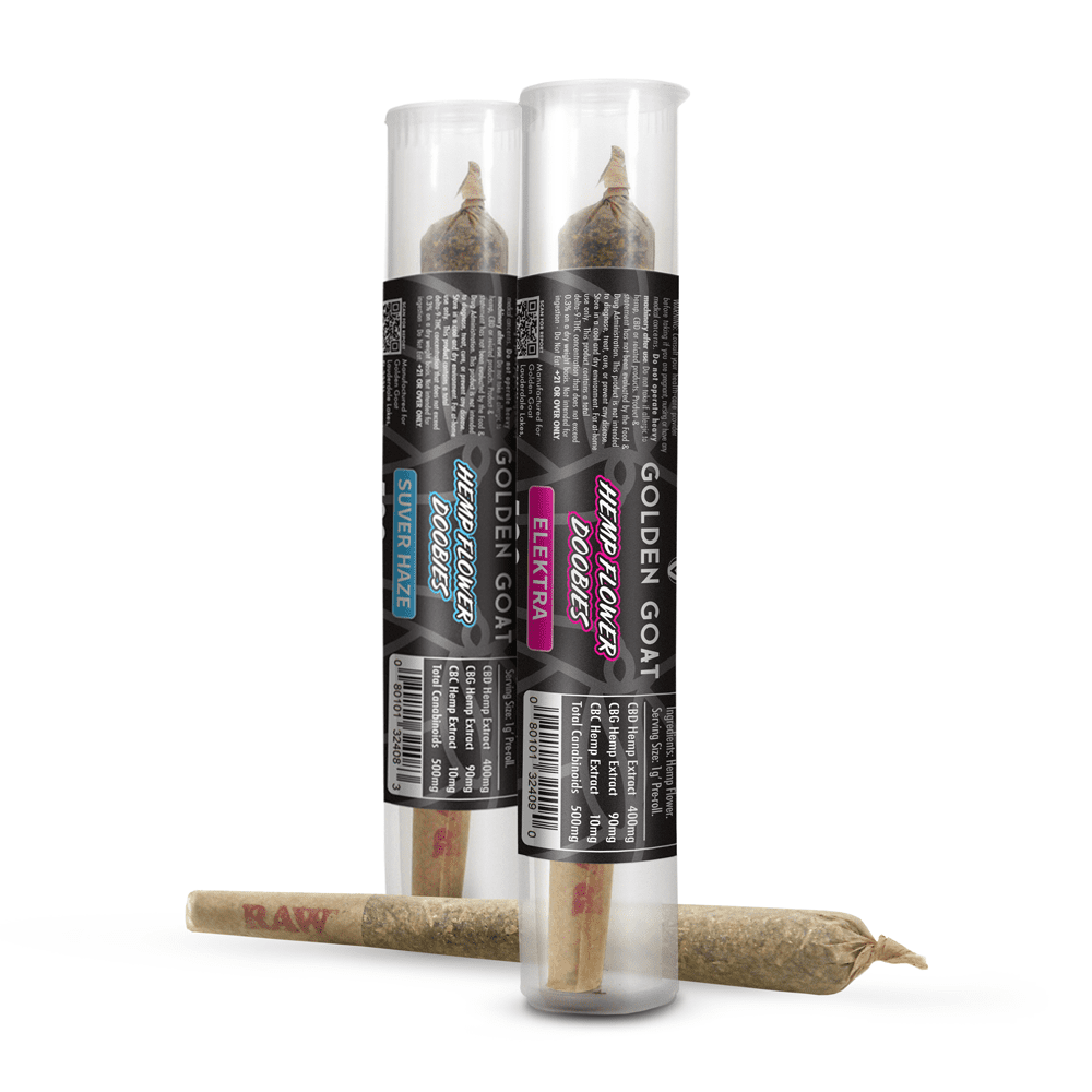 GoldenGoat_ProductShot_PreRolls_CBD_HempFlower_122424 GoldenGoat ProductShot PreRolls CBD HempFlower 122424 - <strong>CBD Doobies</strong> made exclusively from top-tier hemp flower buds with high concentrations of cannabidiol. Each doobie contains 100MG of CBD and is wrapped with a natural, smooth-burning RAW cone. Flavorful, aromatic and potent. Choose from Suver Haze and Elekra strains. <strong>Key Facts</strong> <ul> <li>Potent and Effective</li> <li><em>Multiple Varieties</em></li> <li>Made in the USA</li> <li><em>100% Hemp Derived</em></li> <li>Lab Tested</li> <li><em>5-Star Rated</em></li> </ul>