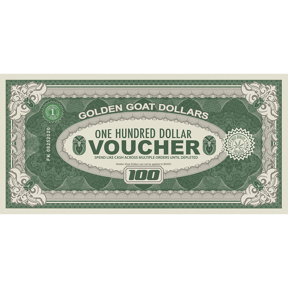 $100 Voucher 1 Golden Goat CBD Coupon $100 voucher delivered by email, usable on lab-tested hemp products, flexible balance carrying over until fully used, USA-made CBD savings.
