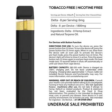 SS-D8-DIsposable-Vape-Bag-2mL-NF SS D8 DIsposable Vape Bag 2mL NF - These <strong>CBD vapes</strong> can help maximize wellness with the energizing and invigorating assorted terpenes of our 1200mg CBD Disposable Vape Pen. Each Disposable Vape offers approximately 200-300 puffs and is rechargeable using the USB Type-C charging port. (Cable not included.) <strong>Key Facts</strong> <ul> <li>Potent and Effective</li> <li><em>Multiple Strains</em></li> <li>Made in the USA</li> <li><em>100% Hemp Derived</em></li> <li>Lab Tested</li> <li><em>Rechargeable/Disposable</em></li> </ul>