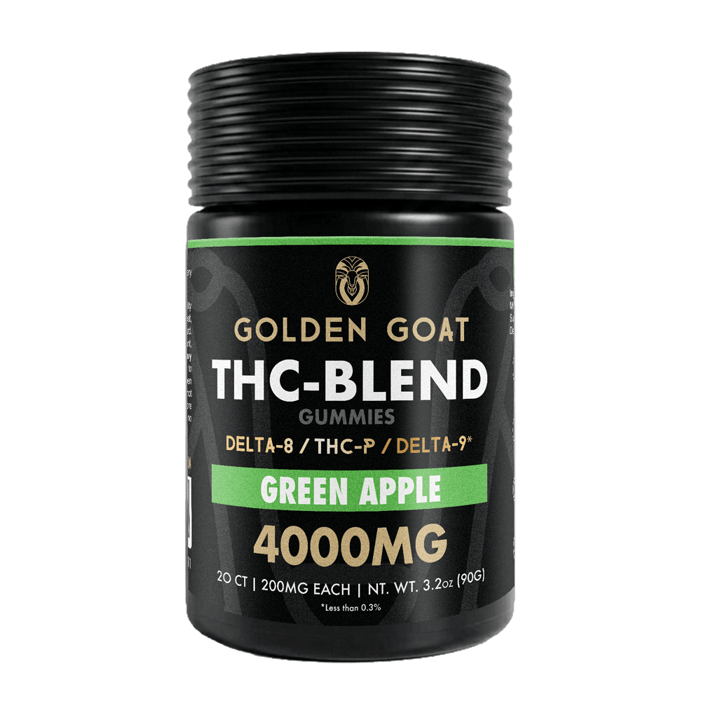 THC-BLEND_4000-Apple THC BLEND 4000 Apple - Our delicious <strong>THC-Blend Gummies</strong> are infused with <a href="https://goldengoatcbd.com/product-category/delta-8/gummies/">Delta-8</a>, THC-P and Delta-9 and may provide a therapeutic, cannabis-like effect. <strong>Key Facts</strong> • 20 Infused Gummies per jar <em>• 200mg of pure Delta-8, THC-P, DELTA-9 each piece</em> • Vegan-friendly pectin-based gummies (No Gelatin) <em>• Made here in the USA.</em> • Extremely Potent <em>• Lab Tested</em>