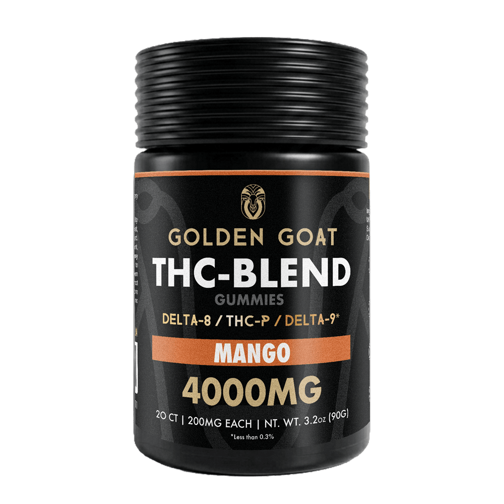 THC-BLEND_4000-Mango THC BLEND 4000 Mango - Our delicious <strong>THC-Blend Gummies</strong> are infused with <a href="https://goldengoatcbd.com/product-category/delta-8/gummies/">Delta-8</a>, THC-P and Delta-9 and may provide a therapeutic, cannabis-like effect. <strong>Key Facts</strong> • 20 Infused Gummies per jar <em>• 200mg of pure Delta-8, THC-P, DELTA-9 each piece</em> • Vegan-friendly pectin-based gummies (No Gelatin) <em>• Made here in the USA.</em> • Extremely Potent <em>• Lab Tested</em>