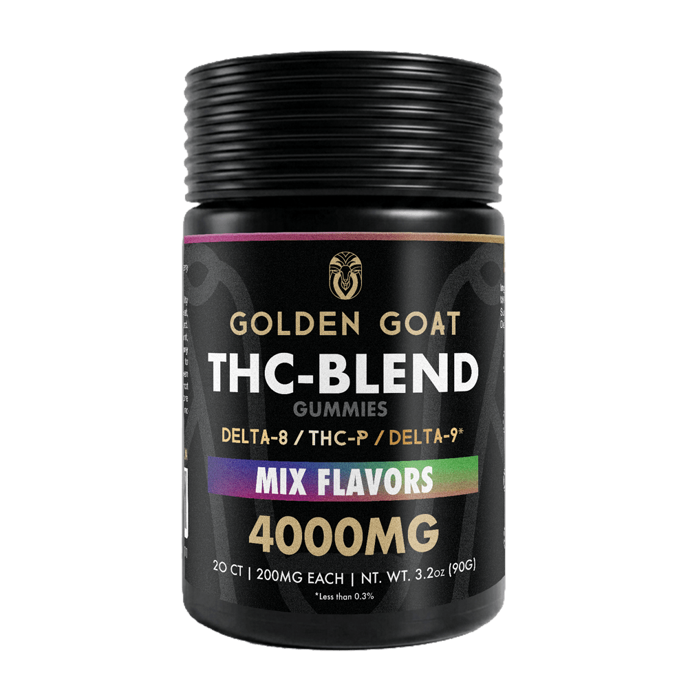THC-BLEND_4000-Mix THC BLEND 4000 - Our delicious <strong>THC-Blend Gummies</strong> are infused with <a href="https://goldengoatcbd.com/product-category/delta-8/gummies/">Delta-8</a>, THC-P and Delta-9 and may provide a therapeutic, cannabis-like effect. <strong>Key Facts</strong> • 20 Infused Gummies per jar <em>• 200mg of pure Delta-8, THC-P, DELTA-9 each piece</em> • Vegan-friendly pectin-based gummies (No Gelatin) <em>• Made here in the USA.</em> • Extremely Potent <em>• Lab Tested</em>