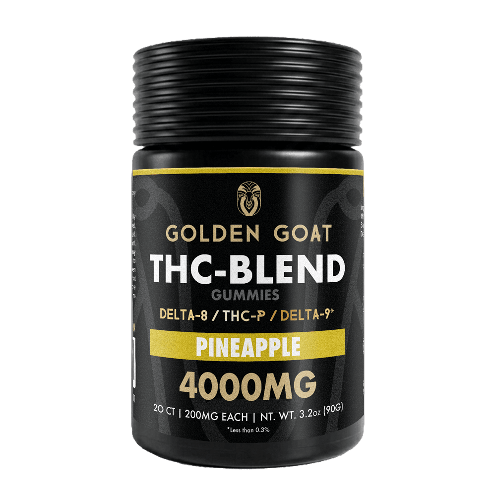 THC-BLEND_4000-Pineapple THC BLEND 4000 Pineapple - Our delicious <strong>THC-Blend Gummies</strong> are infused with <a href="https://goldengoatcbd.com/product-category/delta-8/gummies/">Delta-8</a>, THC-P and Delta-9 and may provide a therapeutic, cannabis-like effect. <strong>Key Facts</strong> • 20 Infused Gummies per jar <em>• 200mg of pure Delta-8, THC-P, DELTA-9 each piece</em> • Vegan-friendly pectin-based gummies (No Gelatin) <em>• Made here in the USA.</em> • Extremely Potent <em>• Lab Tested</em>