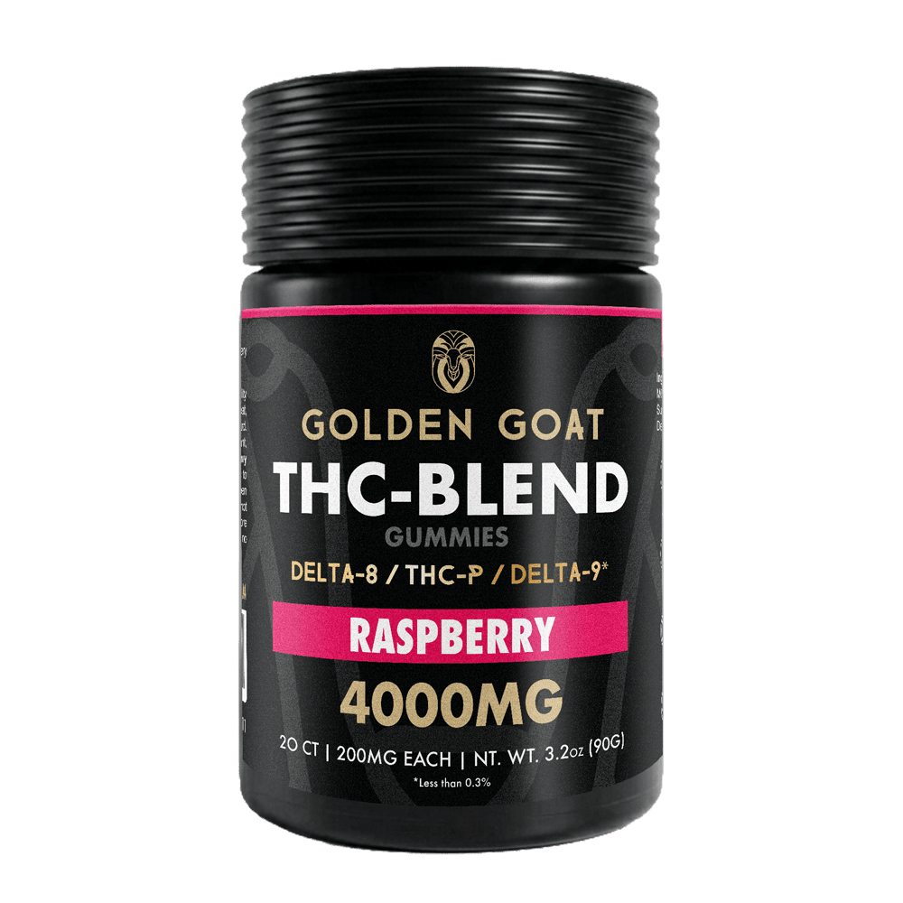 THC-BLEND_4000-Raspberry THC BLEND 4000 Raspberry - Our delicious <strong>THC-Blend Gummies</strong> are infused with <a href="https://goldengoatcbd.com/product-category/delta-8/gummies/">Delta-8</a>, THC-P and Delta-9 and may provide a therapeutic, cannabis-like effect. <strong>Key Facts</strong> • 20 Infused Gummies per jar <em>• 200mg of pure Delta-8, THC-P, DELTA-9 each piece</em> • Vegan-friendly pectin-based gummies (No Gelatin) <em>• Made here in the USA.</em> • Extremely Potent <em>• Lab Tested</em>