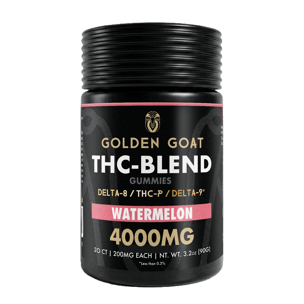 THC-BLEND_4000-Watermelon THC BLEND 4000 Watermelon - Our delicious <strong>THC-Blend Gummies</strong> are infused with <a href="https://goldengoatcbd.com/product-category/delta-8/gummies/">Delta-8</a>, THC-P and Delta-9 and may provide a therapeutic, cannabis-like effect. <strong>Key Facts</strong> • 20 Infused Gummies per jar <em>• 200mg of pure Delta-8, THC-P, DELTA-9 each piece</em> • Vegan-friendly pectin-based gummies (No Gelatin) <em>• Made here in the USA.</em> • Extremely Potent <em>• Lab Tested</em>