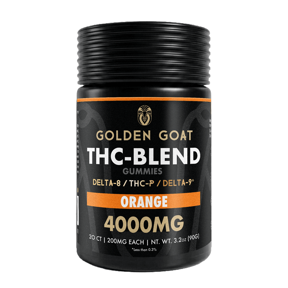 THC-BLEND_4000-orange THC BLEND 4000 orange - Our delicious <strong>THC-Blend Gummies</strong> are infused with <a href="https://goldengoatcbd.com/product-category/delta-8/gummies/">Delta-8</a>, THC-P and Delta-9 and may provide a therapeutic, cannabis-like effect. <strong>Key Facts</strong> • 20 Infused Gummies per jar <em>• 200mg of pure Delta-8, THC-P, DELTA-9 each piece</em> • Vegan-friendly pectin-based gummies (No Gelatin) <em>• Made here in the USA.</em> • Extremely Potent <em>• Lab Tested</em>